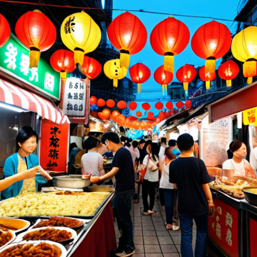 Home 4 **A vibrant night market scene in Kaohsiung, bustling with people and illuminated by colorful lanterns. Street food vendors are serving up delicious Taiwanese specialties, showcasing the rich culinary culture of the city. Focus on the Liuhe Night Market.**