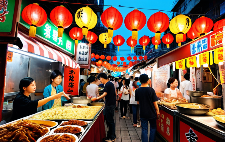 **A vibrant night market scene in Kaohsiung, bustling with people and illuminated by colorful lanterns. Street food vendors are serving up delicious Taiwanese specialties, showcasing the rich culinary culture of the city. Focus on the Liuhe Night Market.**